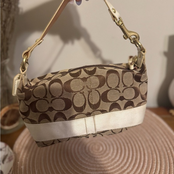 Coach Mini Handbag - Optic C Tan brown Stripe Leather Strap 90s Y2K - Picture 11 of 16